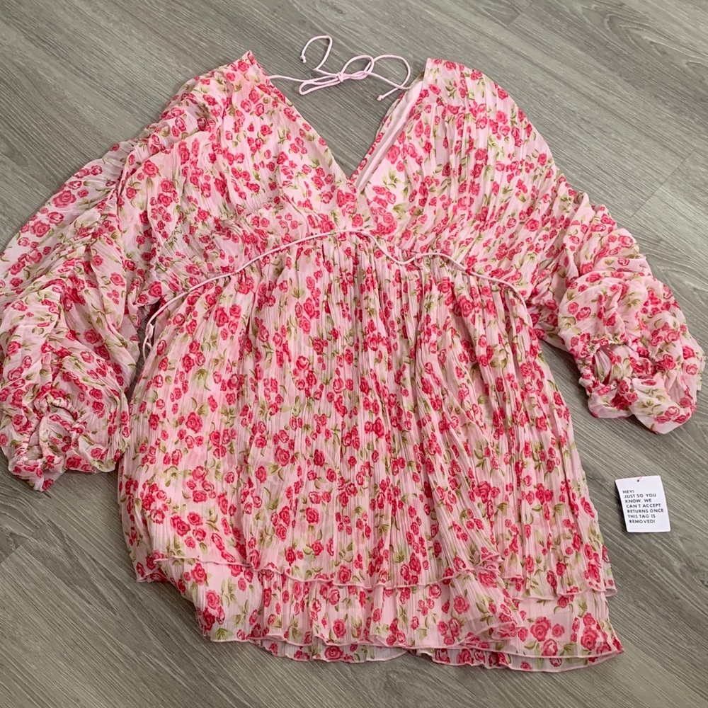 NEW- ASOS DESIGN Pink Curve Floral Pleated Batwing Trapeze Women's Dress